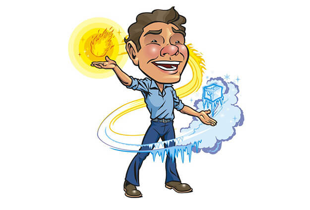 Animated guy holding fire and ice
